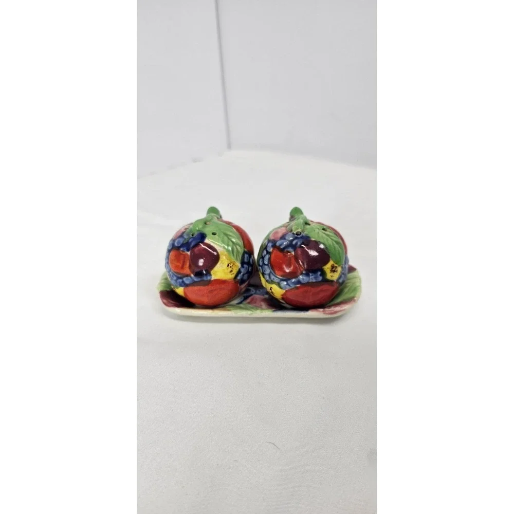 Vintage Japan Fruit‎ Salt Pepper Shakers w Tray Ceramic Set Hand Painted